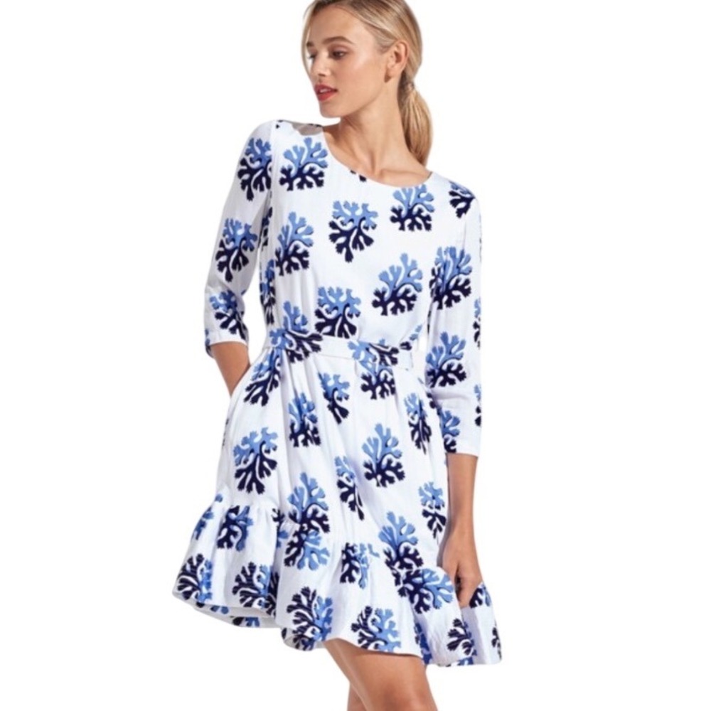 Persifor poppy dress coastal preppy 3 quarter length sleeve belted white blue L